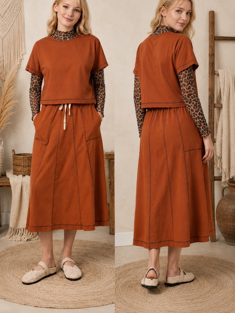 Rust Orange Casual Drawstring Midi Skirt - Women